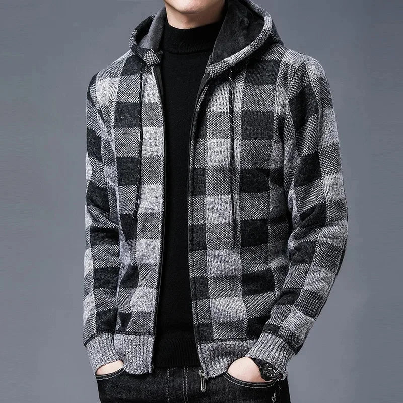 Street-wave Men Hooded Zip Jacket In Plaid Knit Cozy Comfort Versatile Everyday Wear