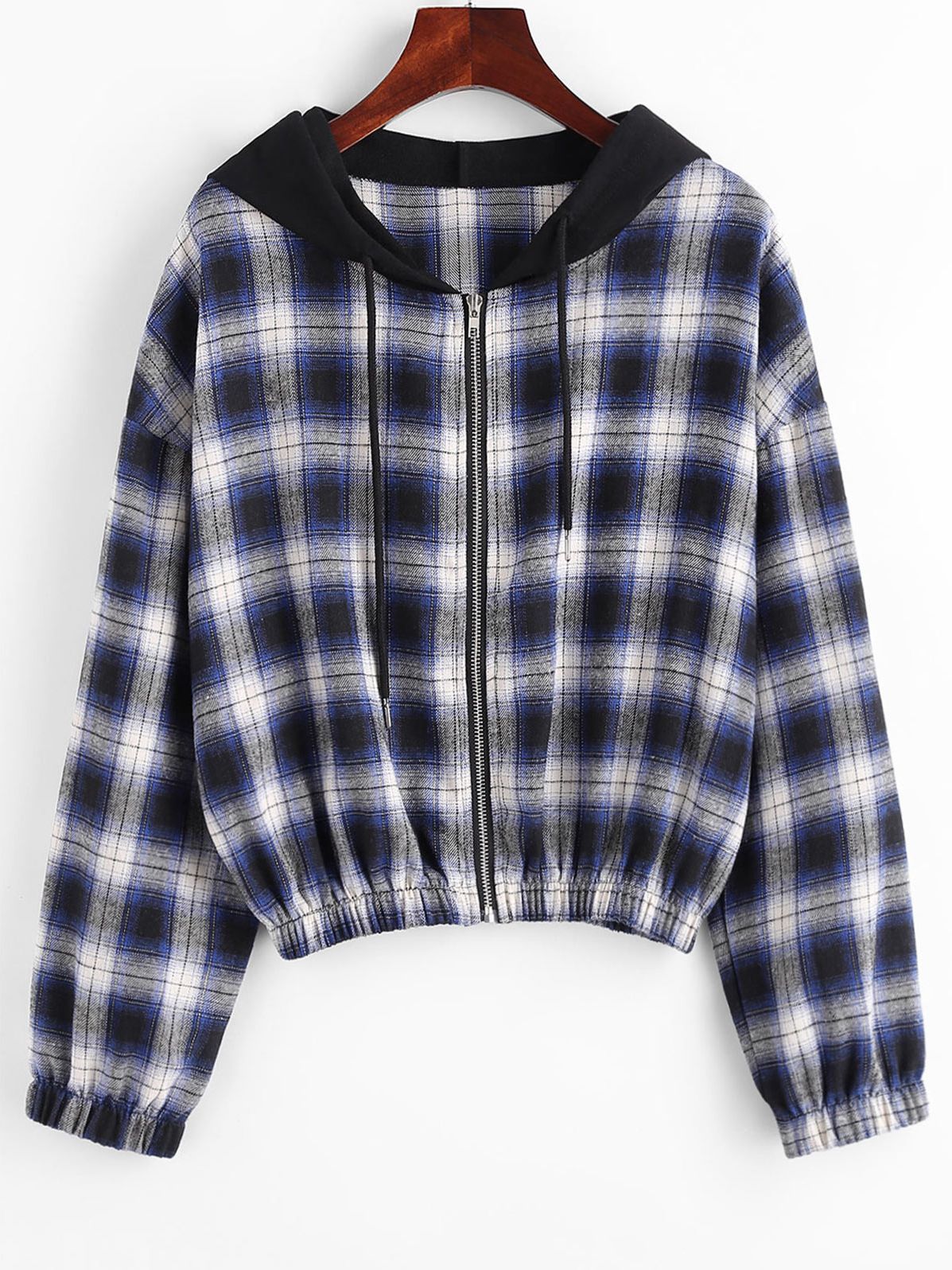 Street-wave Women Plaid Hoodie Jacket Cropped Fit With Front Pockets Cozy Winter Warmth