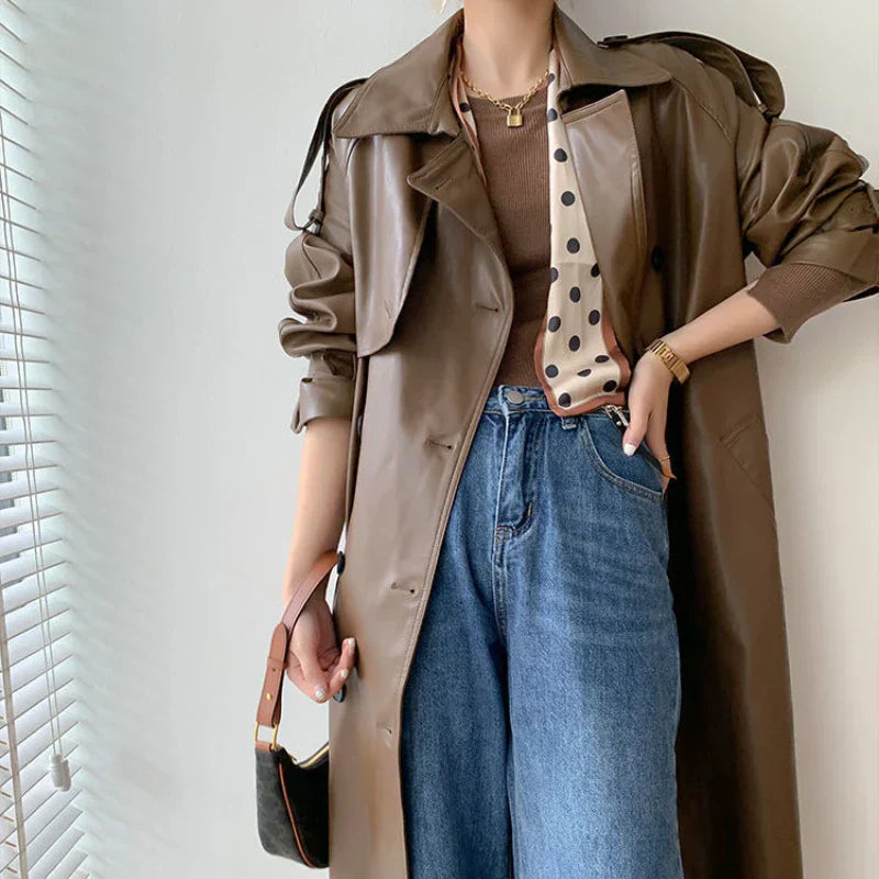 Street Wave Leather Look Trench Coat For Women Stylish Modern Long Coat With Timeless Charm