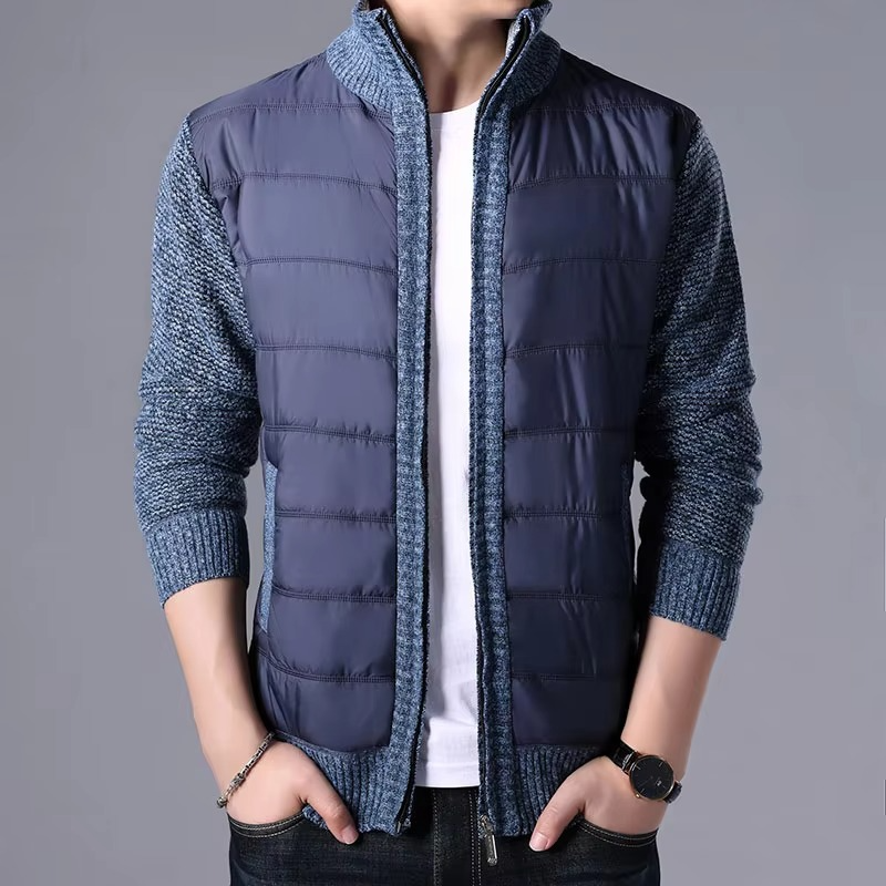 Street-Wave Men's Thick Knit Cardigan Winter Jacket Patchwork Warm Slim Fit Outerwear