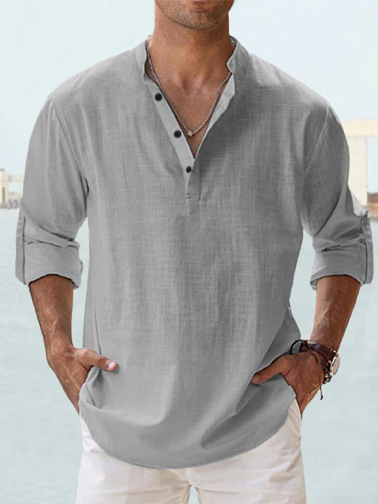 Men's Relaxed Fit Grandad Collar Shirt With Long Sleeves In Sustainable Lightweight Fabric