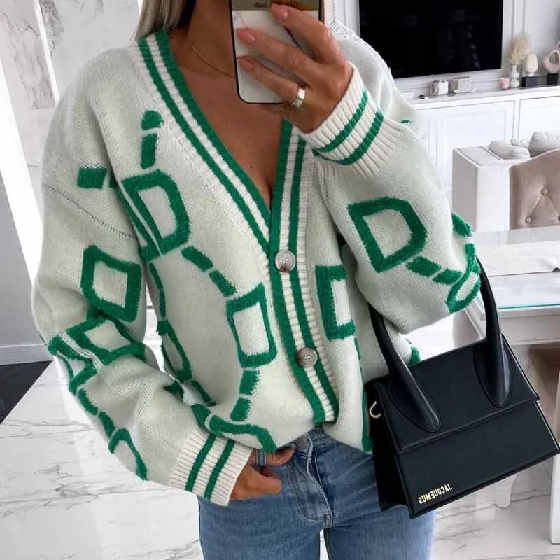 Street Wave Graphic Pattern Cardigan With Button Closure For Effortless Everyday Chic Women