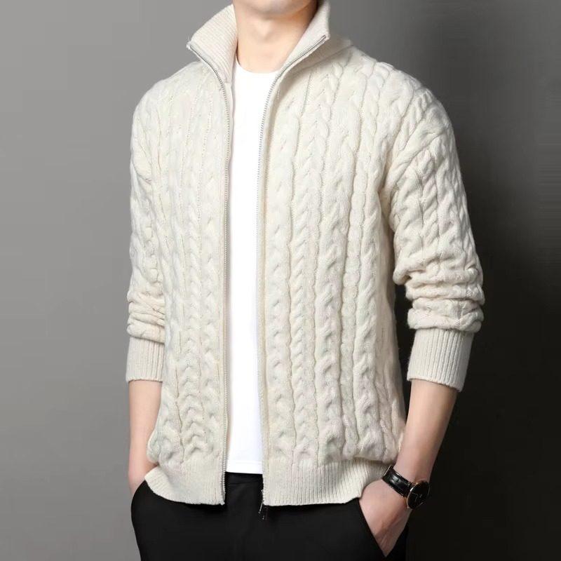 Street-Wave Men's Thick Knit Zipper Sweater Coat With Stand Collar Warm Winter Cardigan Jacket