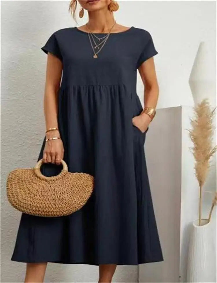Street Wave Women's Midi Dress With Comfortable Structured Bust Detail Airy Cotton Linen Blend For Everyday Summer Look