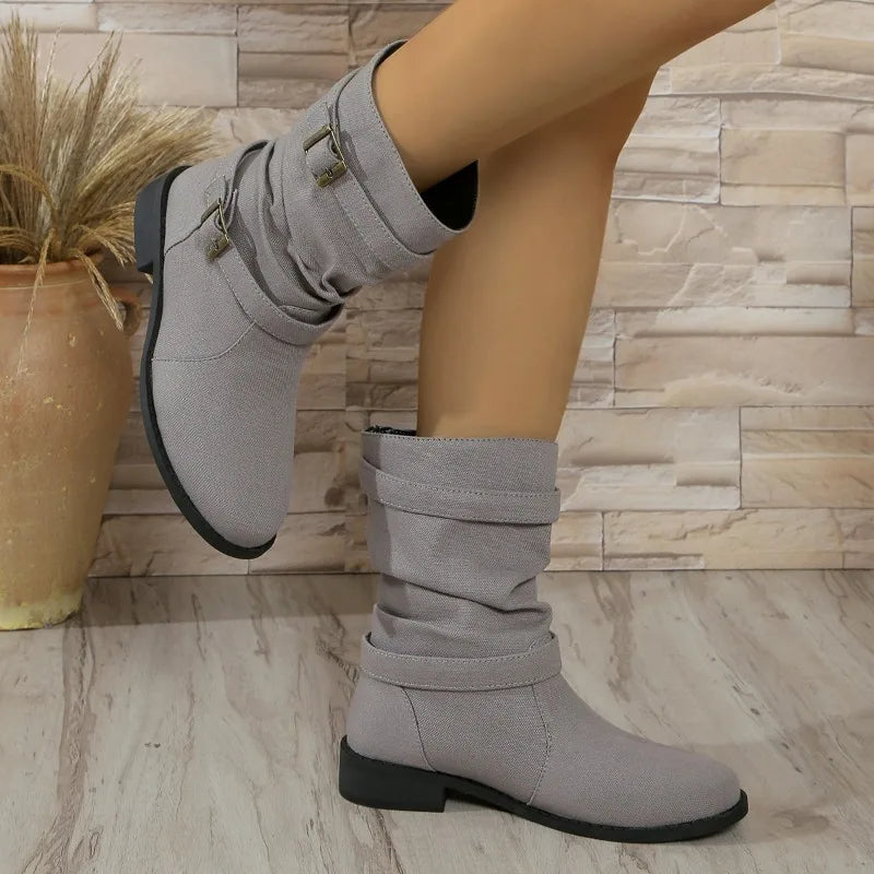 Street-wave Denim Buckle Ankle Boots for Women with Comfortable Block Heel All Day Comfort