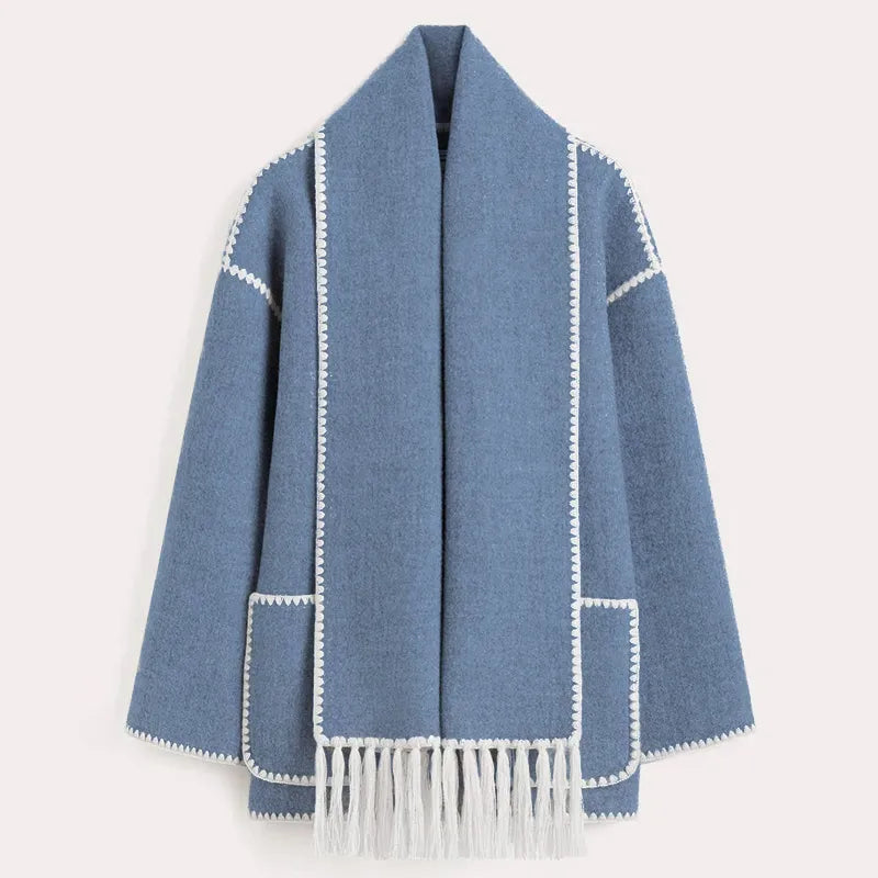Street-wave Shawl Jacket For Women Elegant Wool Blend With Fringe Trim And Cozy Comfort