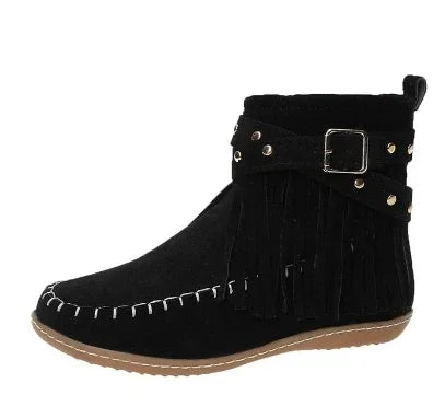 Street-wave Winter Boots For Women Fringe Buckle Zipper Round Toe Cozy Durable Style