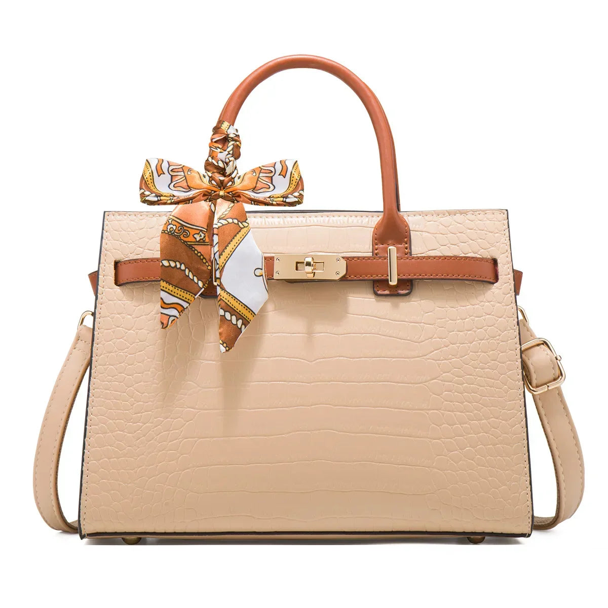 Street-Wave Guiliana Davoli Croc Bag Vegan Leather Midi Structured Handbag with Scarf Accent and Gold Buckle