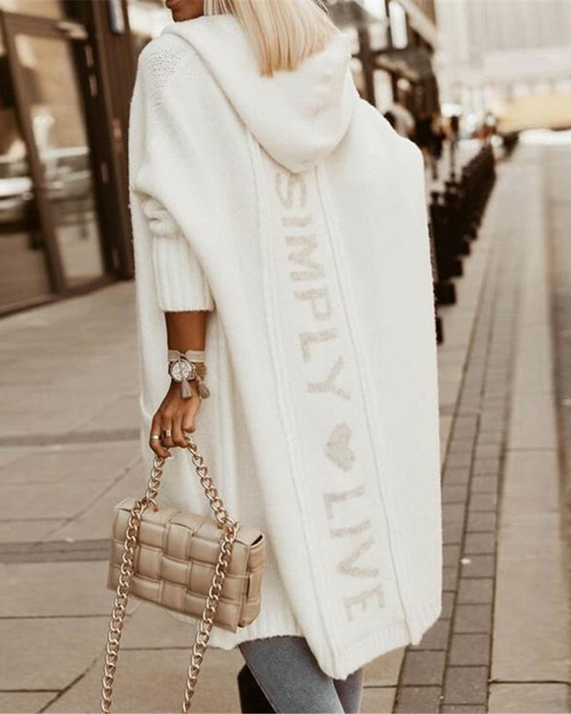 Street-wave Hooded Wool Knit Long Coat for Women with Relaxed Fit and Stylish Graphic Back