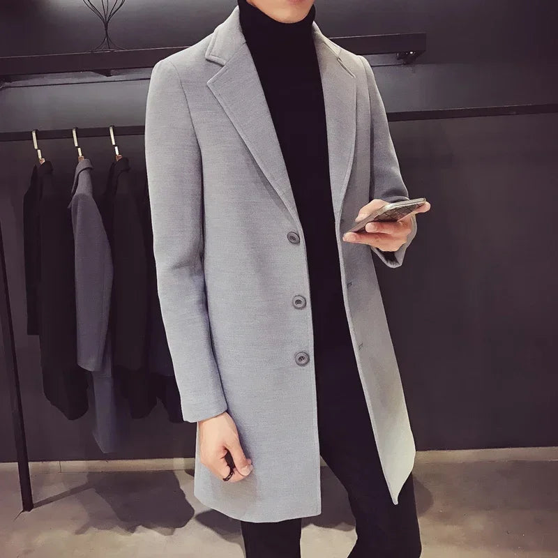Street-wave Mens Long Wool-Blend Coat With Button Closure, Timeless And Elegant Everyday