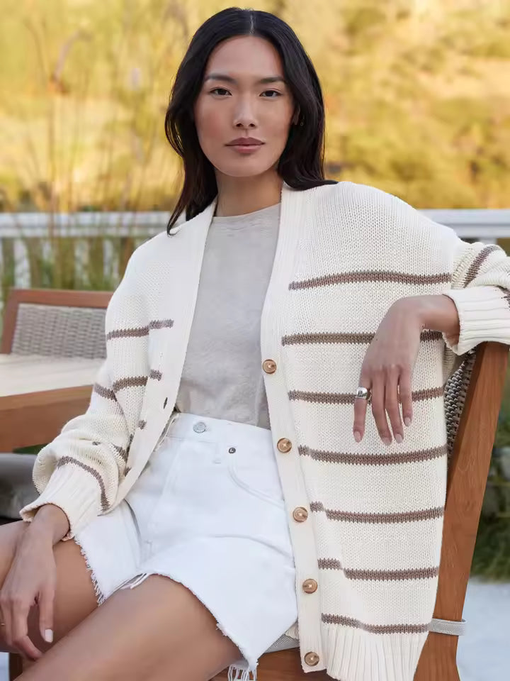 Street-wave Plus Size Striped Cardigan With Buttons For Curvy Women Cozy Oversized Knit