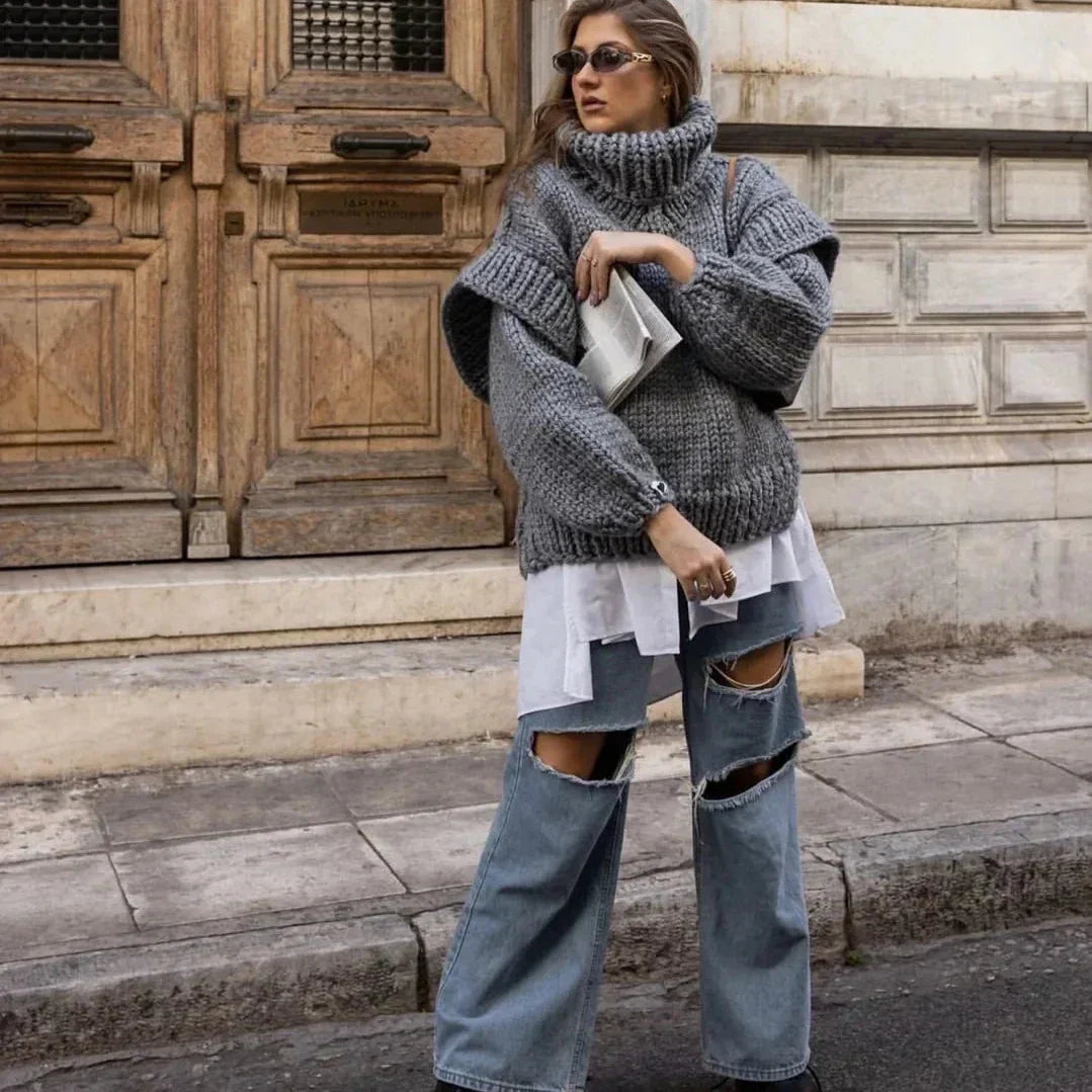 Street Wave Winter Chunky Knit Roll Neck Sweater For Women Cozy Oversized Warmth