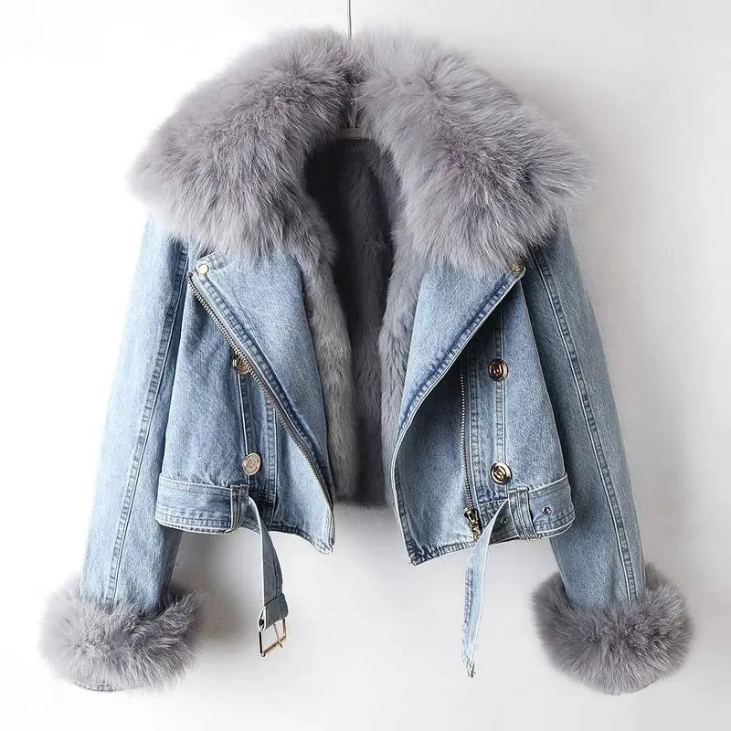 Street-wave Denim Zip Jacket With Fur Collar And Cuffs For Women Practical Cozy Style