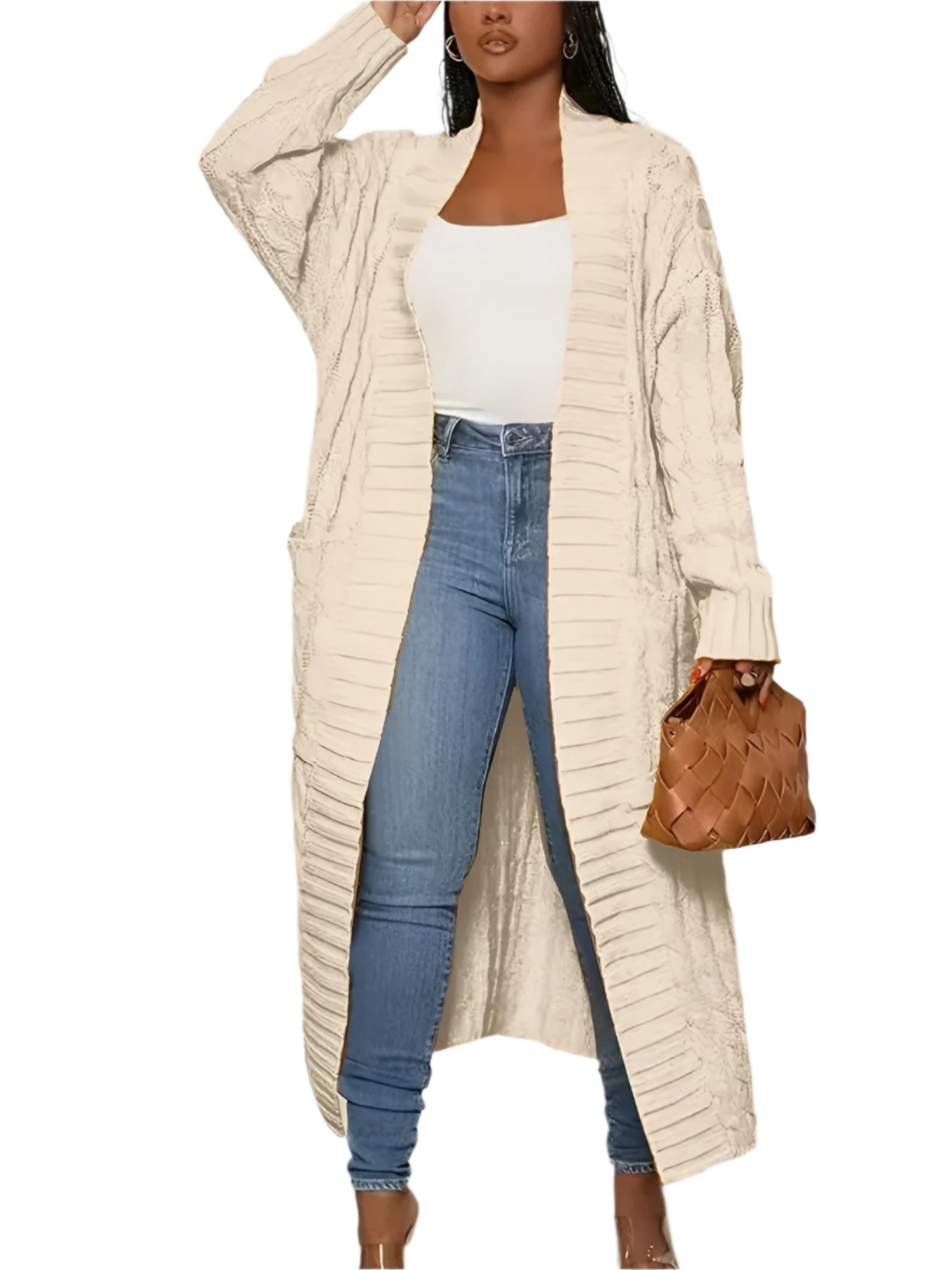 Street-Wave Long Knit Cardigan For Women Open Front Draped Texture Pink Cozy Warmth