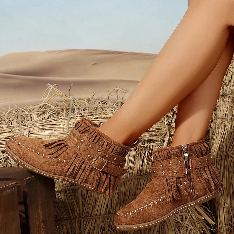 Streetwave Retro Faux Suede Fringe Buckle Cowboy Ankle Boots for Women Western Chic