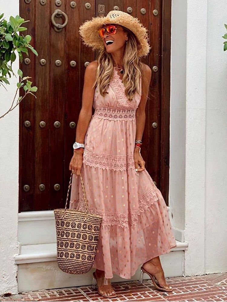 Street-Wave Boho Maxi Dress Sleeveless V-Neck With Lace Details Tiered Polka Dot Skirt Women