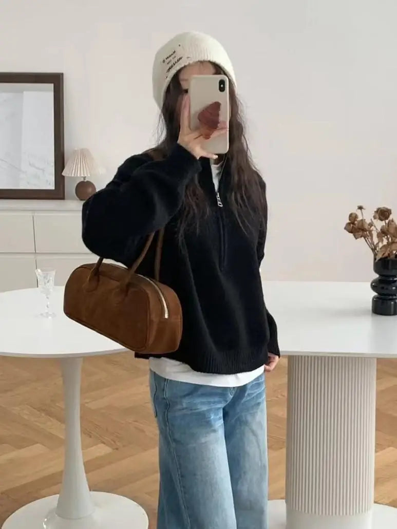 Street-Wave Aurora High Neck Knit Sweater Unisex Half Zip