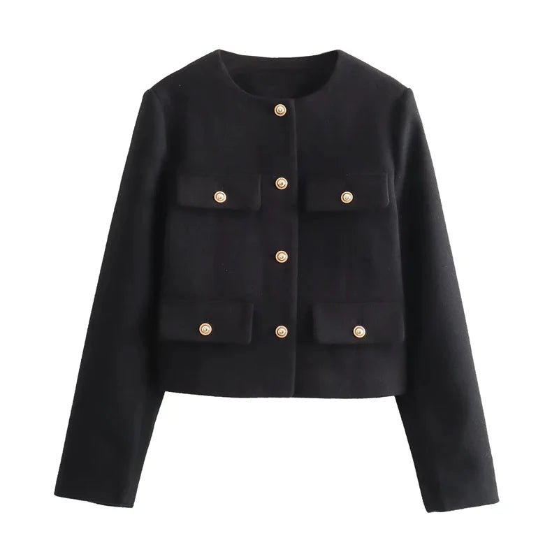 Street-Wave Bouclé Jacket for Women With Gold Buttons and Pockets Timeless Elegant Classic Style