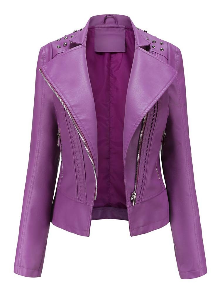 Street-Wave PU Leather Jacket For Women With Studded Shoulders And Zippered Sleeves Chic All Season Outerwear