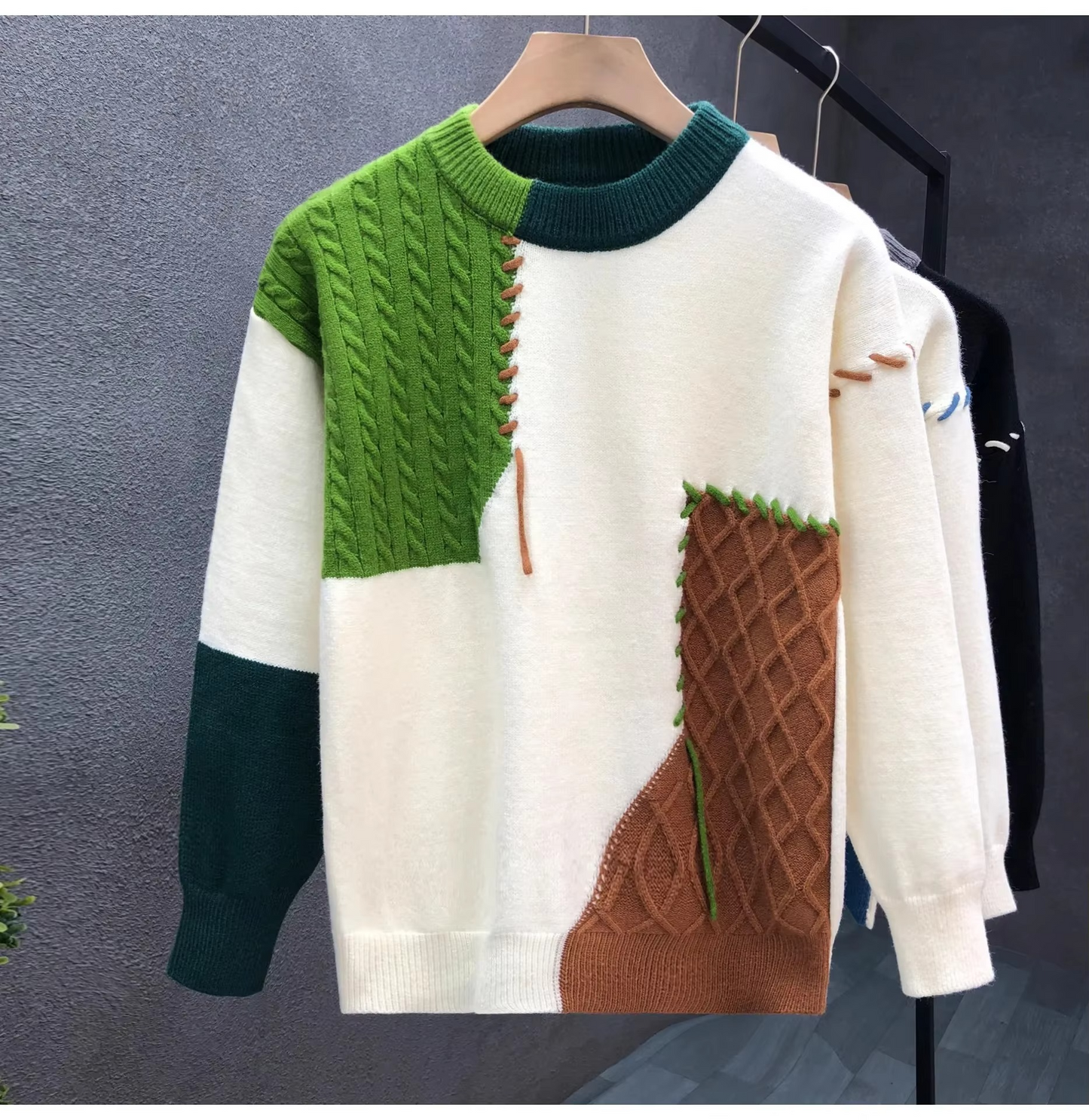 Men's Patchwork Knit Sweater Streetwear Pullover For Fall And Winter Warmth And Style