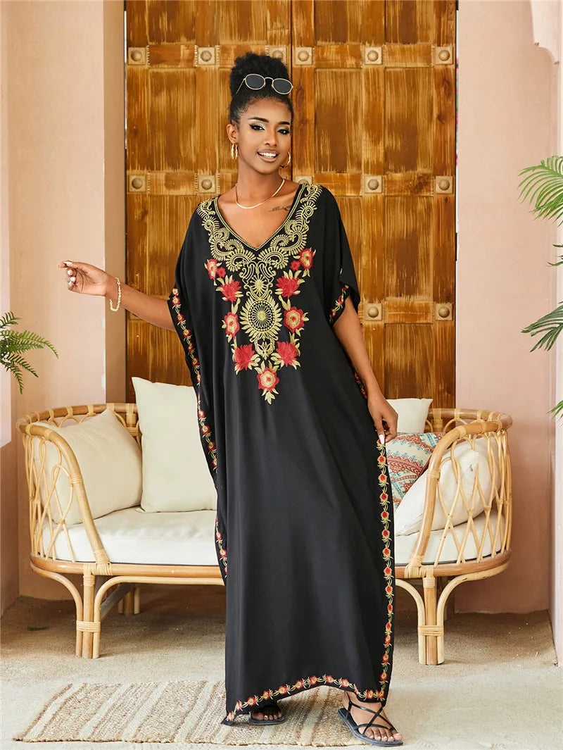 Street Wave Embroidered Kaftan Dress Women Beach Vacation
