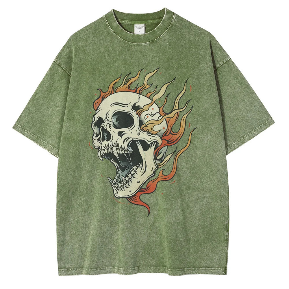 Street-Wave Bone Blaze Acid Wash Skull Tee With Flame Graphic Oversized Heavyweight One Hundred Percent Cotton