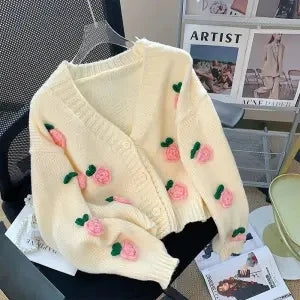 Street-Wave Moonlight Serenade Cardigan For Women With Floral Appliqué And Cozy Fur Trim