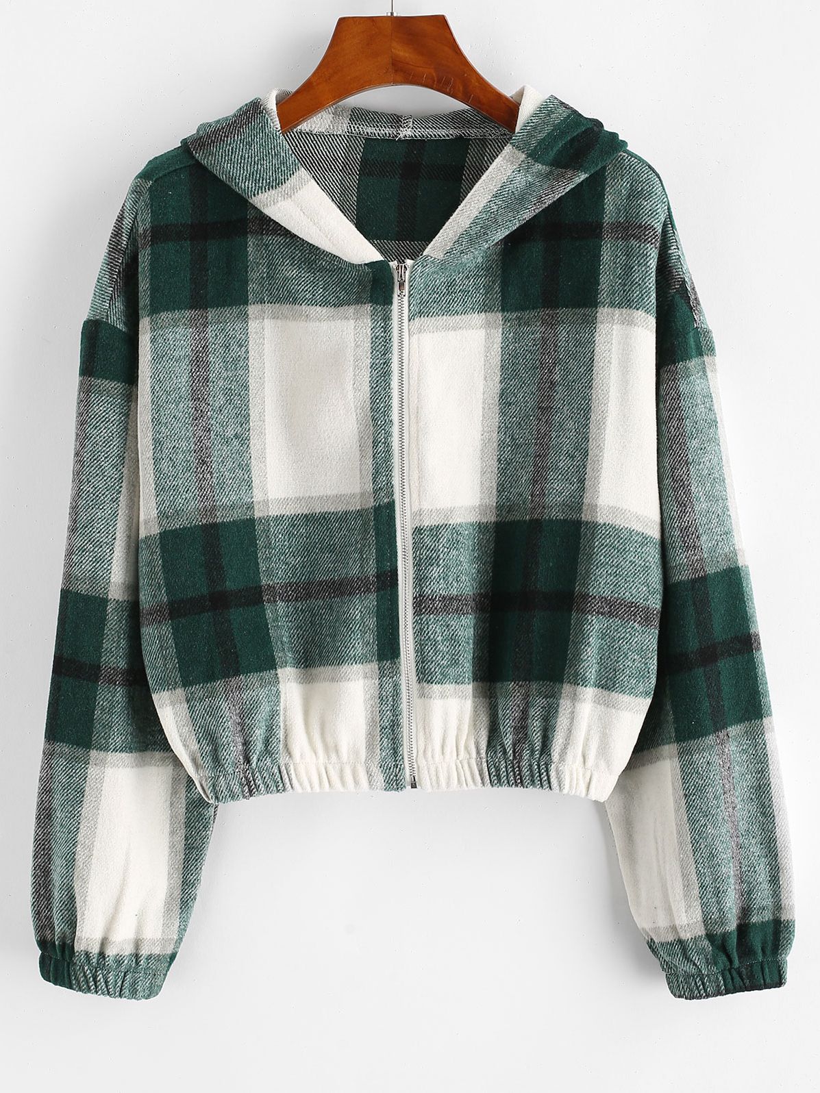Street-wave Women Plaid Hoodie Jacket Cropped Fit With Front Pockets Cozy Winter Warmth