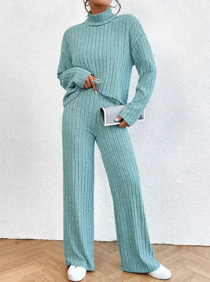 Street-wave Ribbed Knit Set For Women Cozy Two Piece Turtleneck And Wide Leg Pants