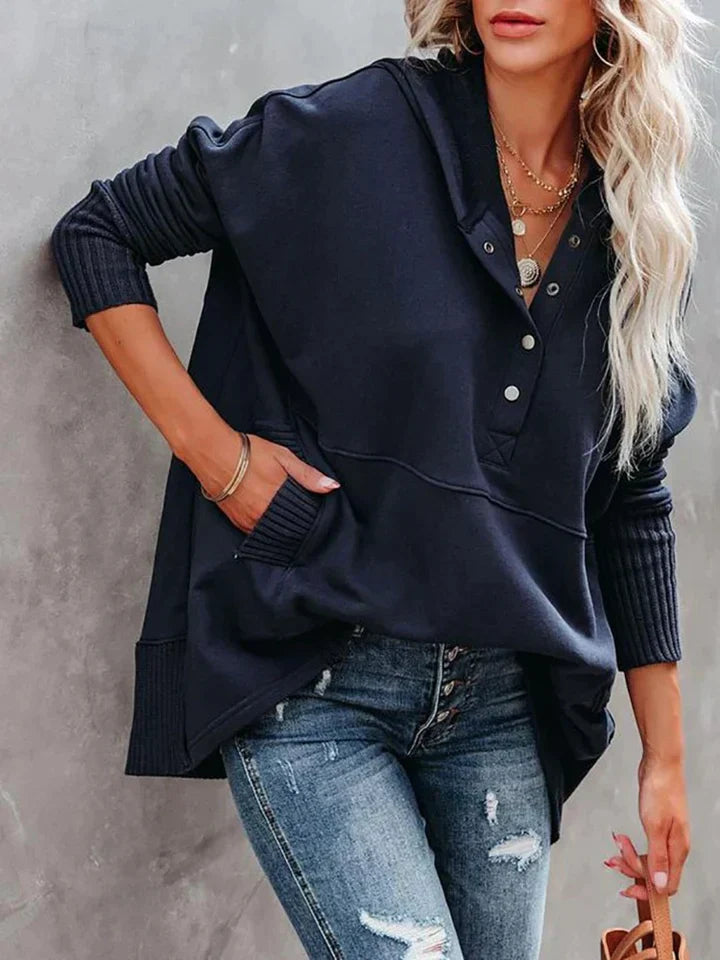 Street-wave V-Neck Hoodie With Button Accents For Women Oversized Polyester Pullover Chic Trend