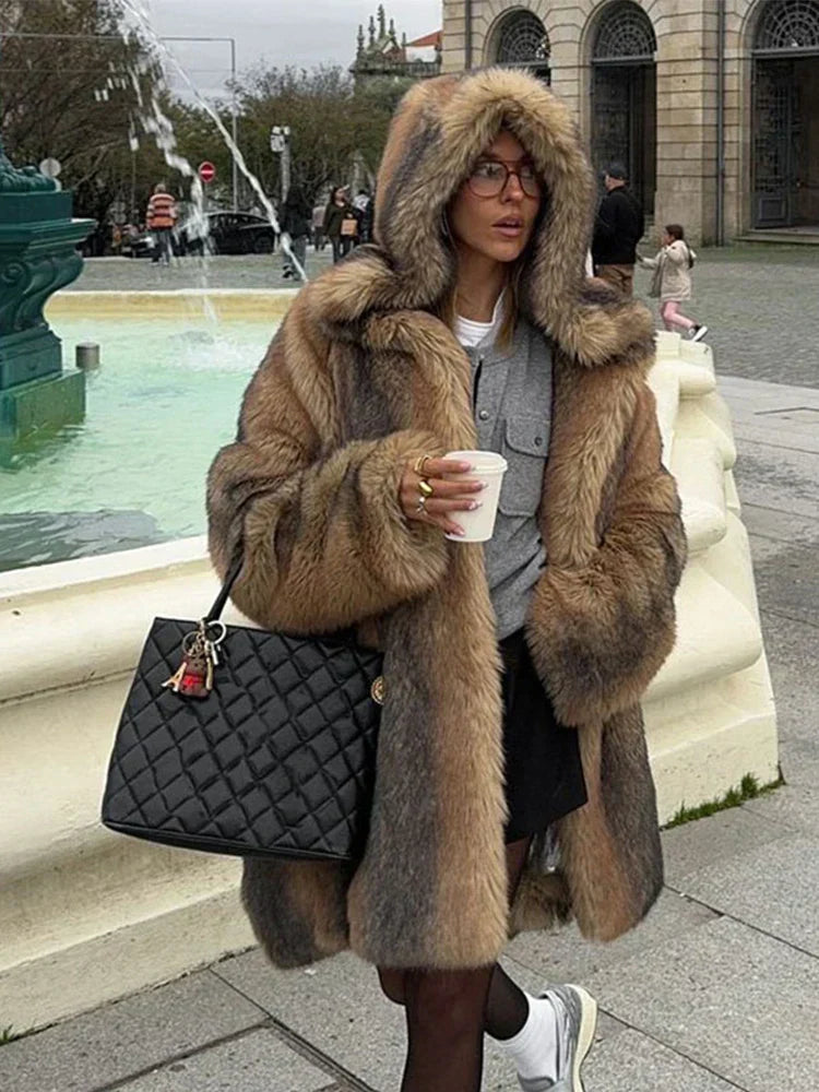 Street-Wave Women's Hooded Luxurious Faux Fur Coat With Button Front Long Warmth For Fall And Winter