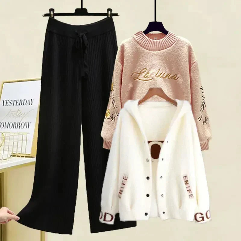 Street-wave Women Winter Three-Piece Set Cozy Knit Cardigan Sweater With Elegant Coat