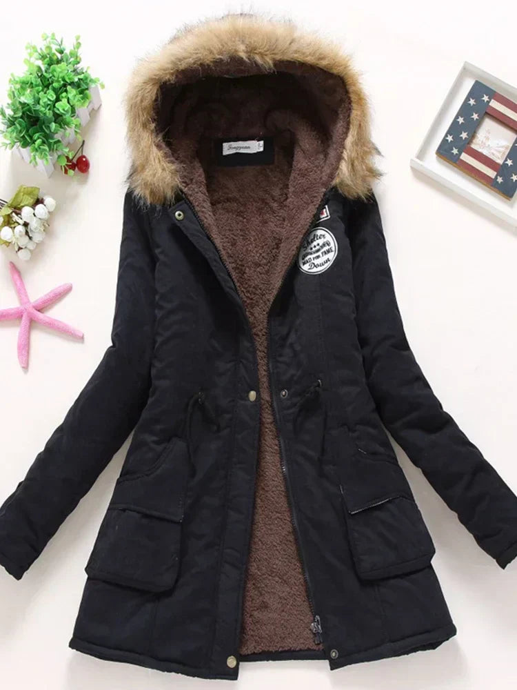 Street-wave Womens Fur Hooded Parka Jacket Cozy Warm Cotton Blend for Casual Outings