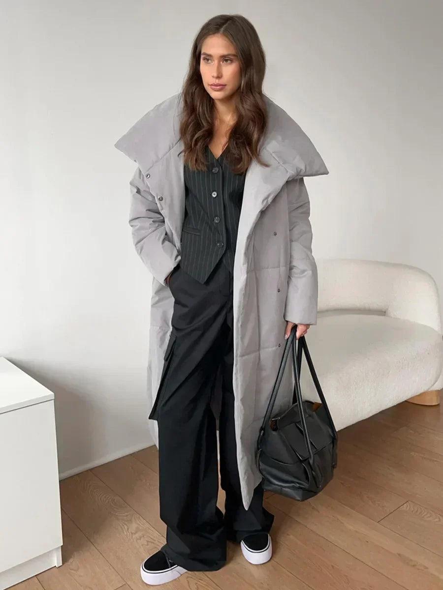 Street Wave Long Puffer Parka For Women With Belt Quilted Winter Coat Tailored Fit