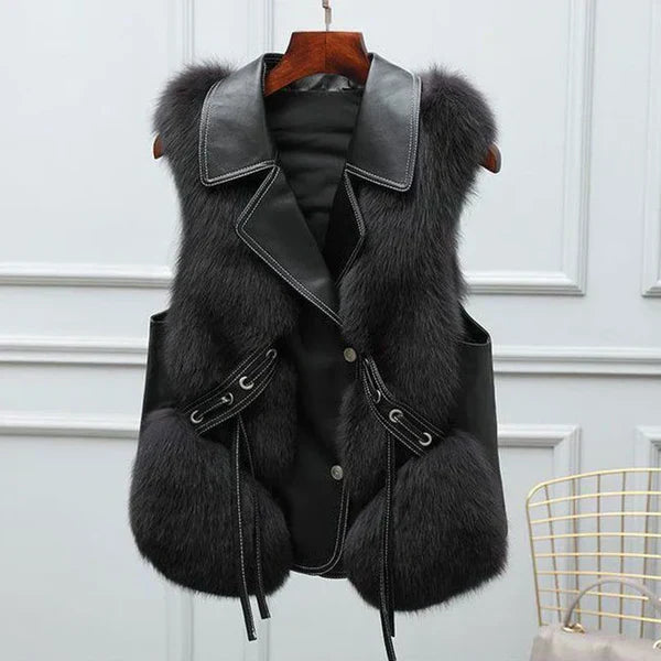 Clara Regular Fit Fur Trim Tie Detail Fur Vest | Collared Sleeveless Fur Vest