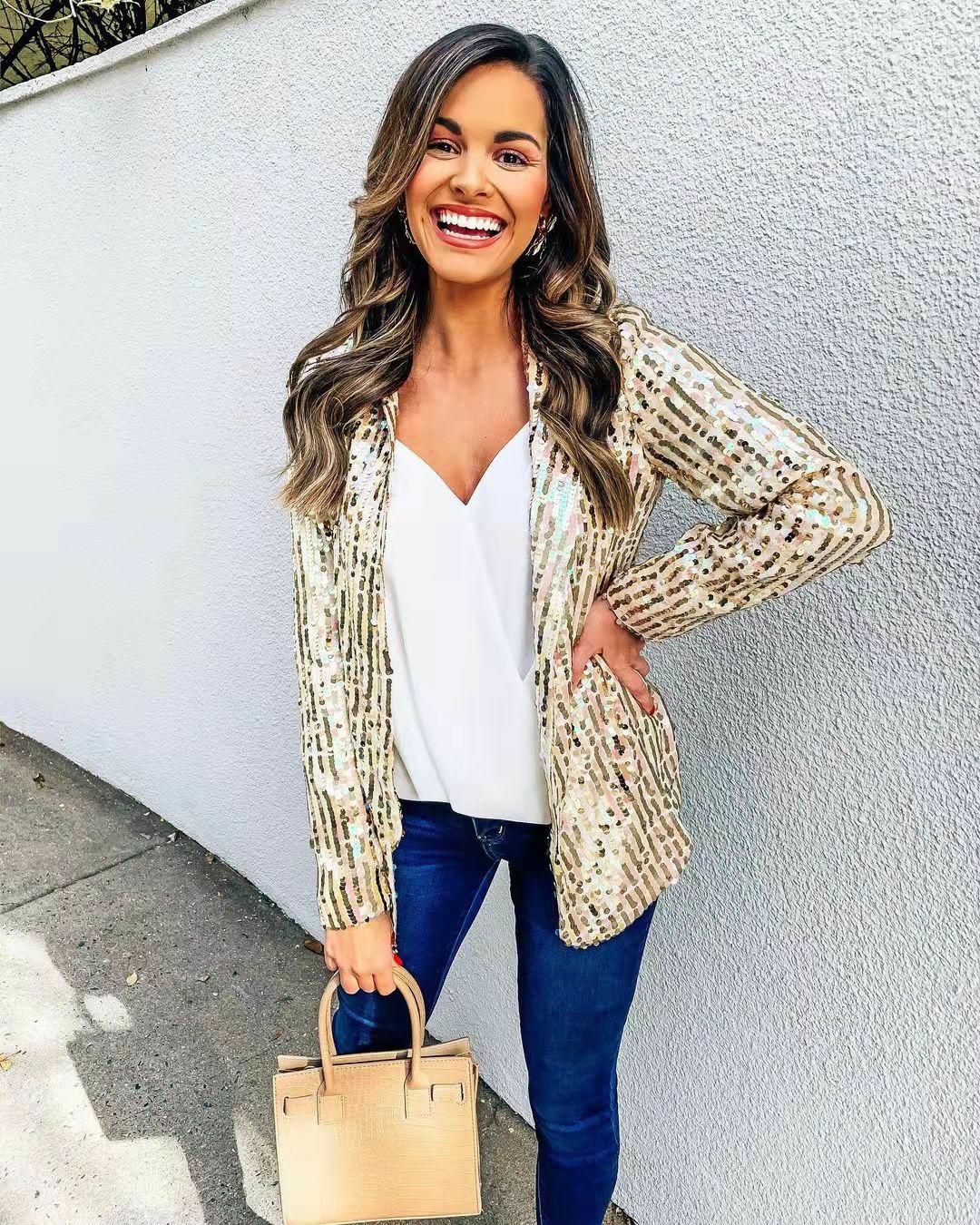Street-wave Sequin Blazer For Women With Sparkling Paillettes Vacation Ready Partywear Essentials