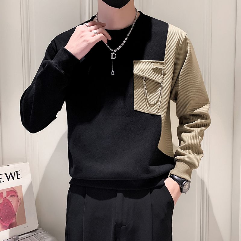 Street-wave Two-Tone Pullover With Soft Texture And Chain Pocket Detail For Urban Fashion Fans