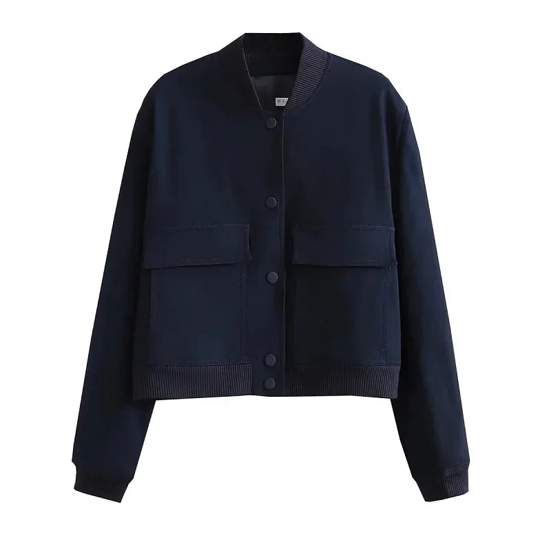 Street Wave White Button Front Bomber Jacket For Women Cozy Versatile Fall Winter Wear