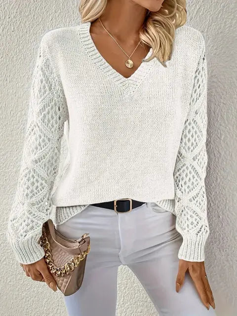 Streetwave V Neck Knit Sweater With Lace Sleeve Detailing For Women All Season Cozy