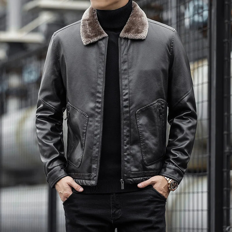Street-wave Faux Leather Jacket With Plush Fur Lining For Urban Men Warm Stylish Everyday Essential
