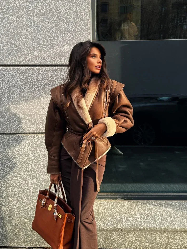 Streetwave Brown Leather Jacket With Shearling Fur Belt For Women Warm Luxurious Chic