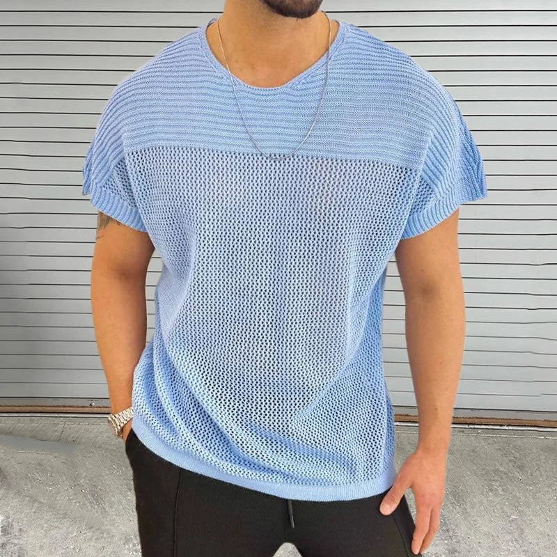 Street-Wave Mesh Vibe O Neck Knit Tee For Men Breathable Lightweight Streetwear Summer Shirt
