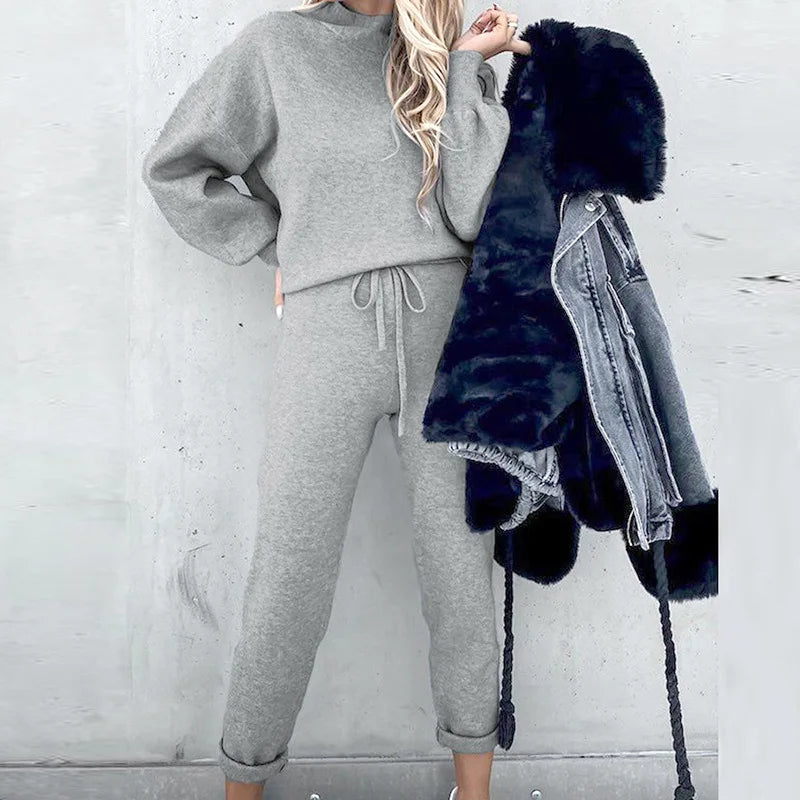Street-wave Two-Piece Loungewear Set With Balloon Sleeves And Belted Joggers Cozy Chic For Women