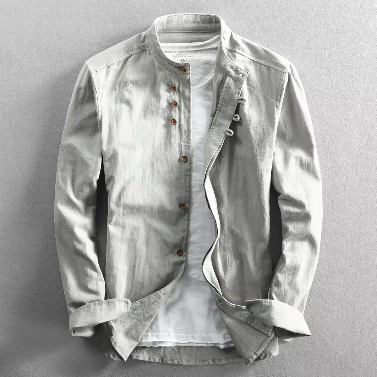 Street-Wave Men's Cotton Linen Stand Collar Shirt Retro Chinese Style Long Sleeve Top Sizes M Through 7XL