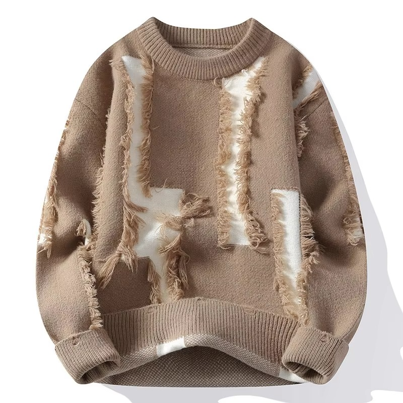 Men's Distressed Ripped Knit Patchwork Sweater Loose Fit Crew Neck Pullover Street-Wave