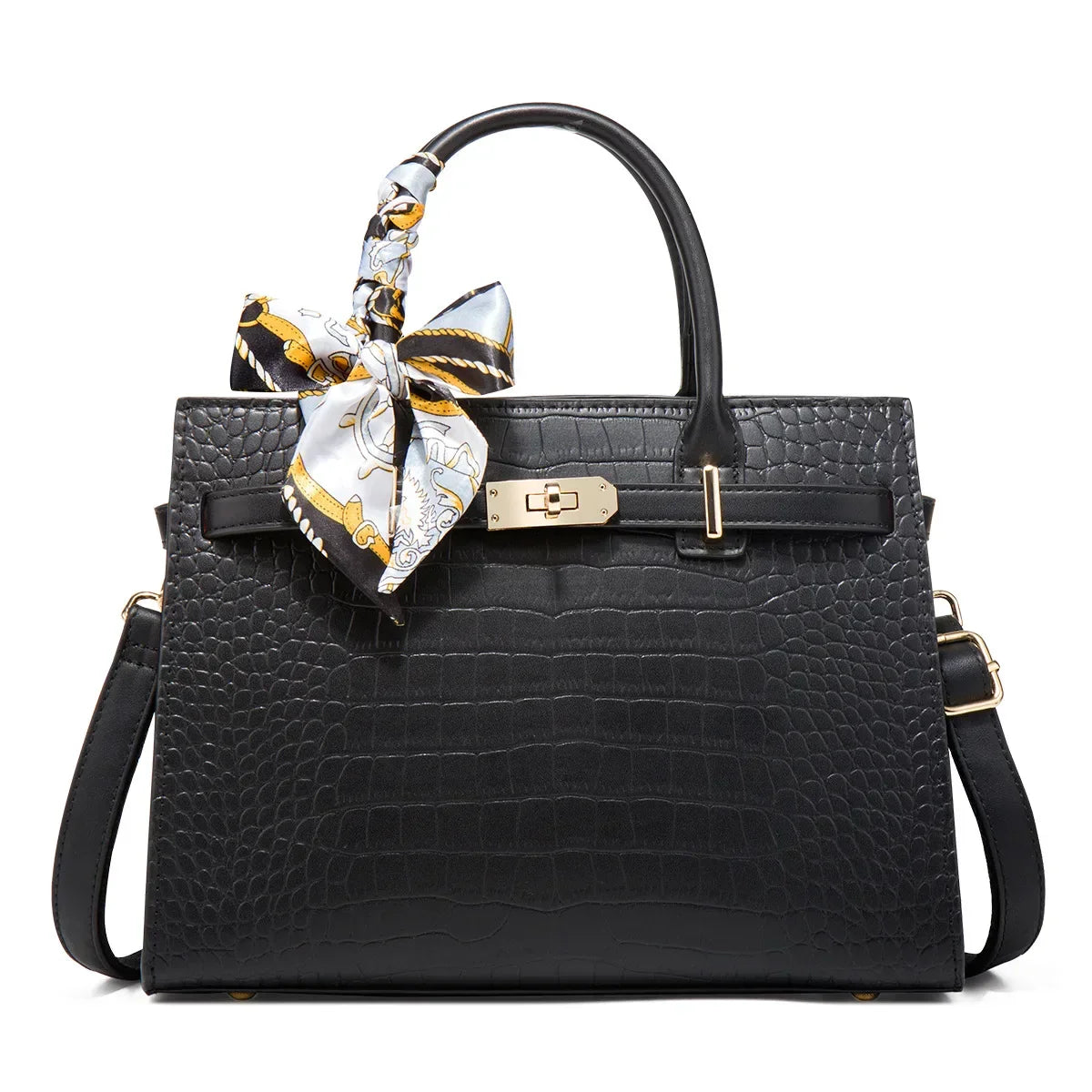 Street-Wave Guiliana Davoli Croc Bag Vegan Leather Midi Structured Handbag with Scarf Accent and Gold Buckle
