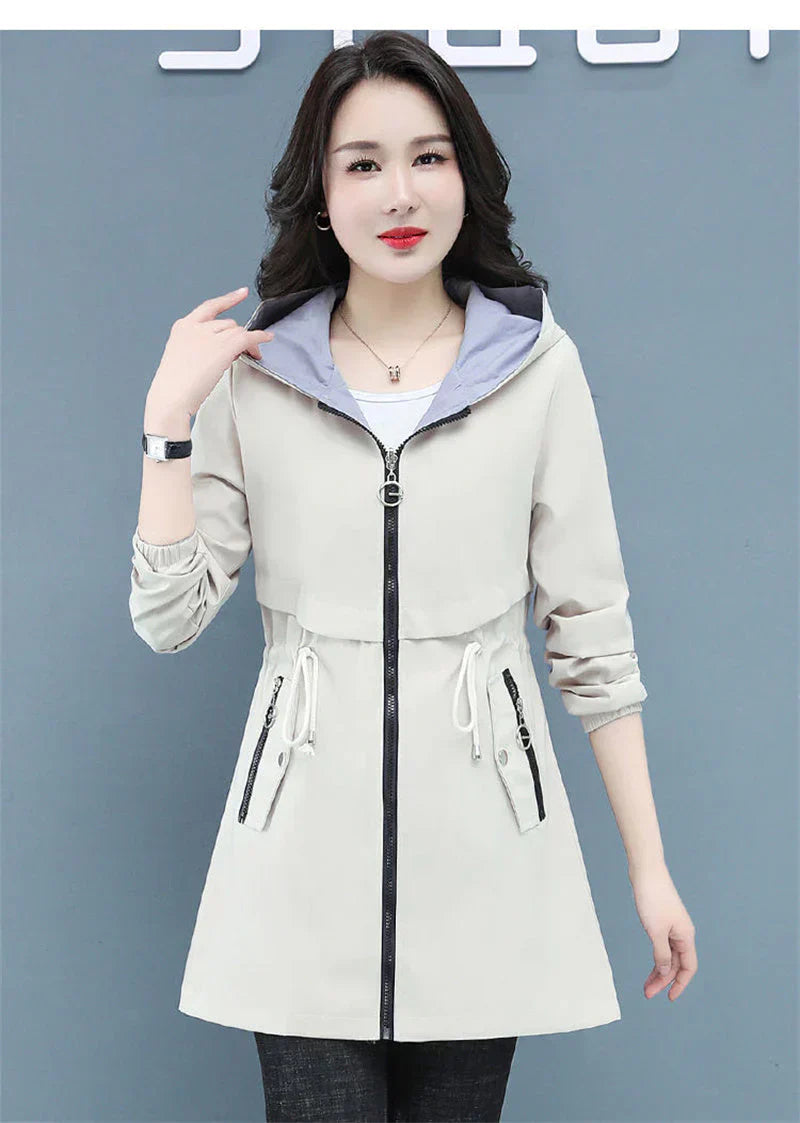 Street-Wave Windbreaker Coat For Women Hooded With Drawstring Waist Windproof All Season Jacket