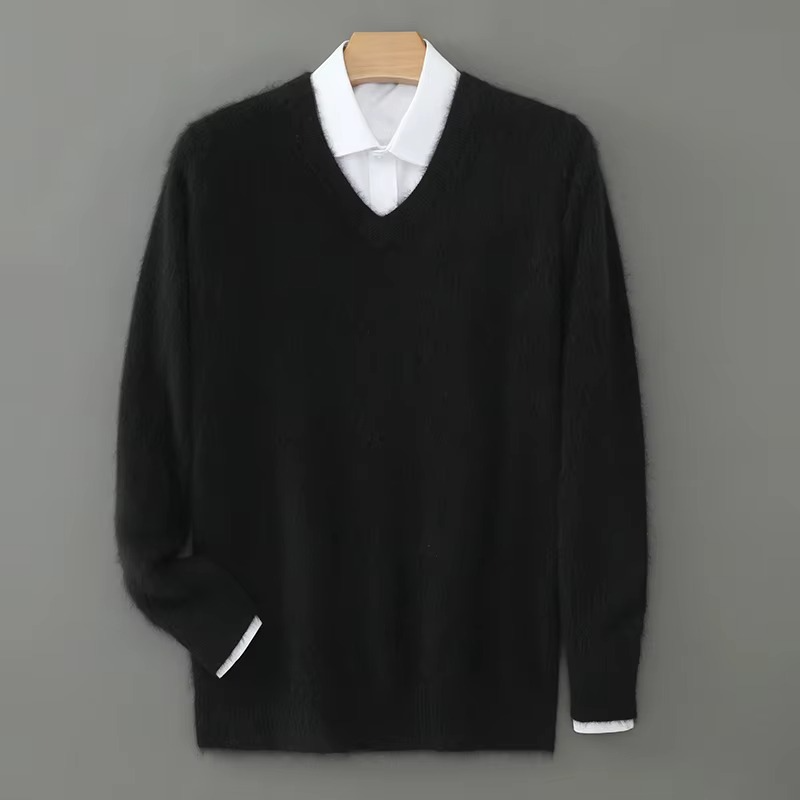 Street-Wave Men's Winter Cashmere Blend V Neck Sweater Loose Fit Plus Size Knitted Pullover For Warmth