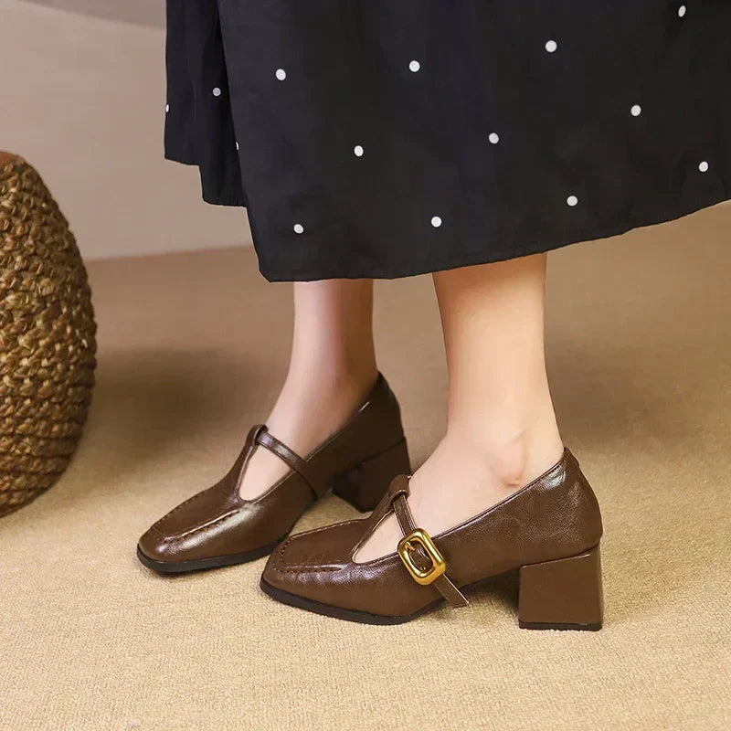 Women's Square Toe Mary Jane Heels with Block Heel and Gold Buckle