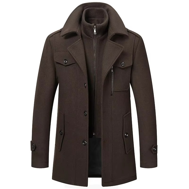 Street-Wave Men's Mid Length Wool Trench Coat With Double Collar Zipper Overcoat For Fall And Winter